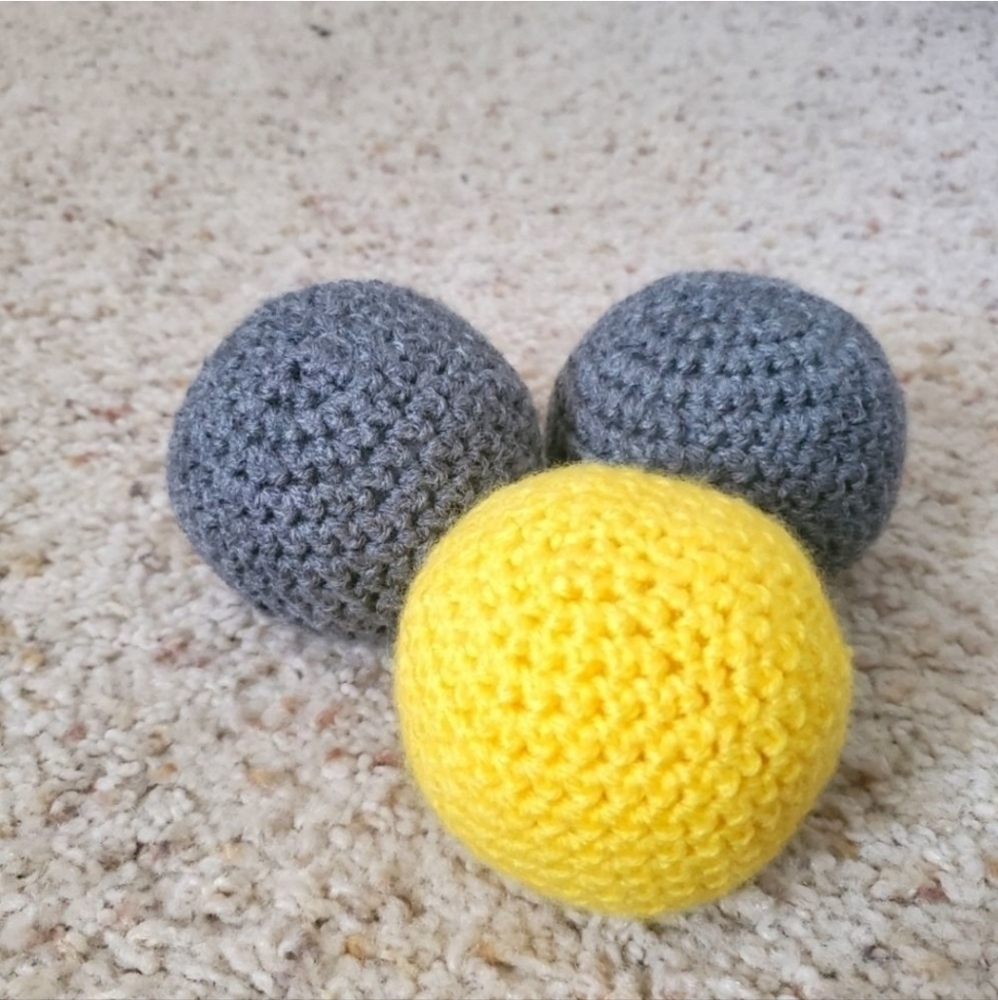 3 squeaky balls. Homemade no pop crochet balls for toddlers, puppy, cats &more.